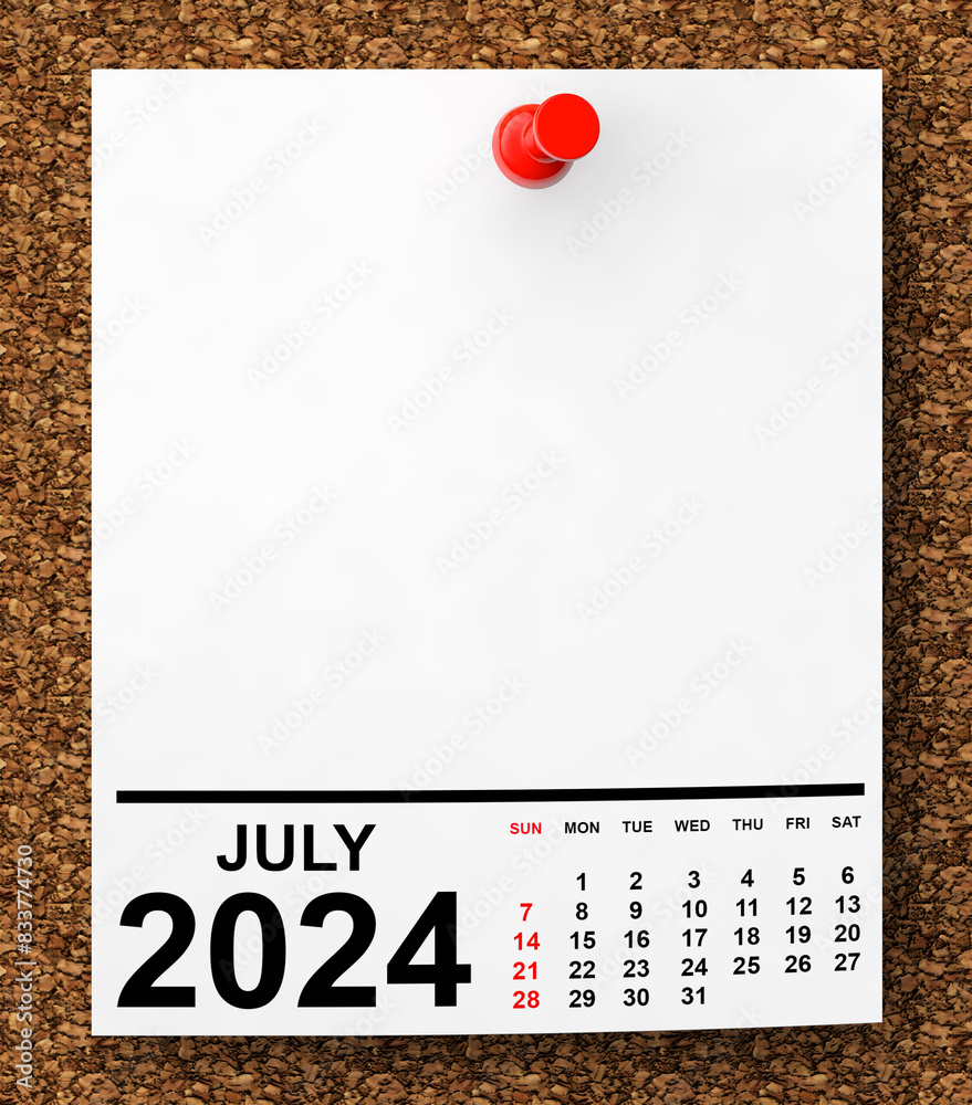 Poster calendar july 2024 on blank note paper. 3d rendering