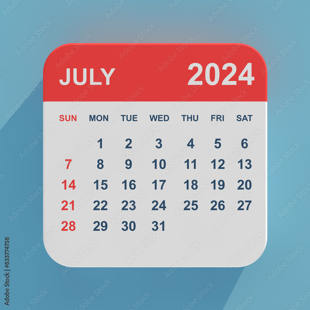 Poster flat icon calendar july 2024. 3d rendering