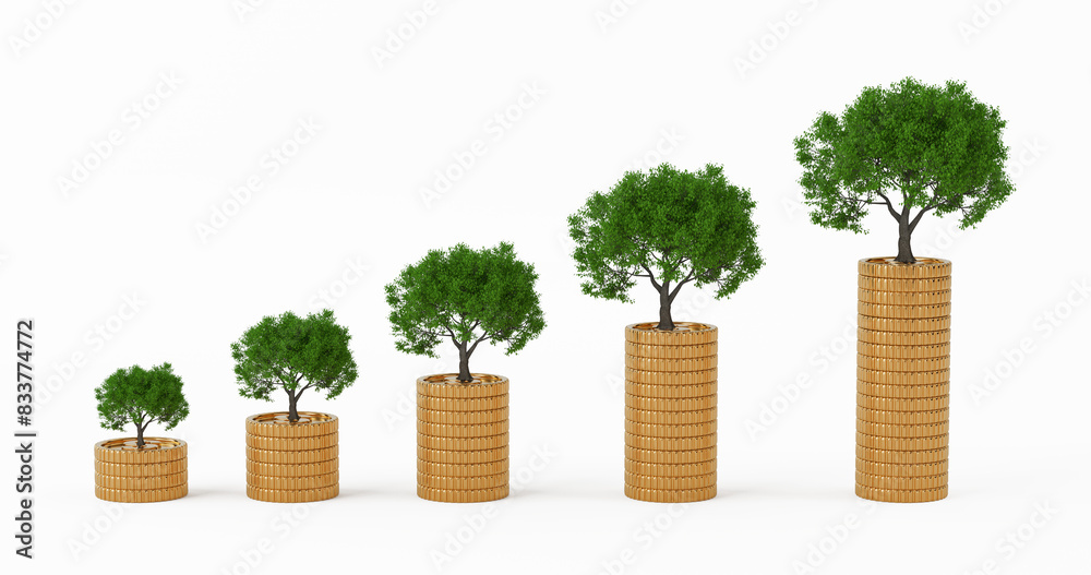 Fototapete saving money concept. stacks of golden coin as a bar graph with a tree plant growing. 3d rendering