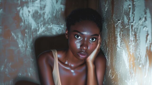 A Black woman, looking at the camera, huddles in a corner, conveying a sense of vulnerability.