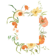 Watercolor abstract flower frame of poppy, tulip and narcissus. Hand drawn border of wildflowers isolated on white background. Holiday Illustration for design, print, fabric or background.