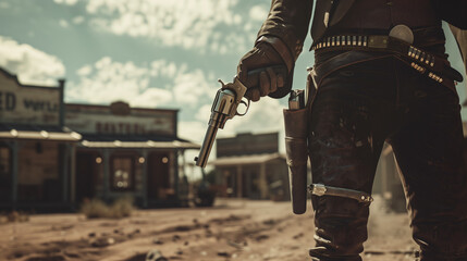A cowboy holds a revolver in a dusty desert town against the backdrop of an old saloon