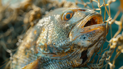 Fototapeta premium Close-up of a fish caught in a fishing net, with glittering water droplets and detailed scales reflecting the sunlight.