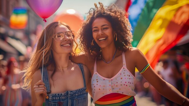 Lesbian couple celebrating at a vibrant Pride event under a bright sky. Rainbow flags wave in the background, capturing the festive energy.