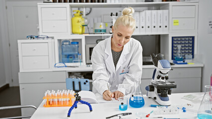 Hardworking young, attractive, blonde woman scientist engrossed in a crucial video call conversation, diligently taking notes in her lab notebook amidst the bustling research center laboratory.