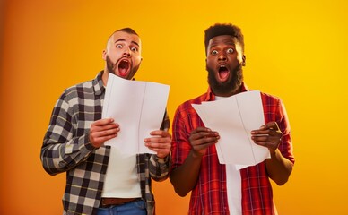 Two roommates, with expressions of utter shock, holding sheets of paper, stand against an orange backdrop.