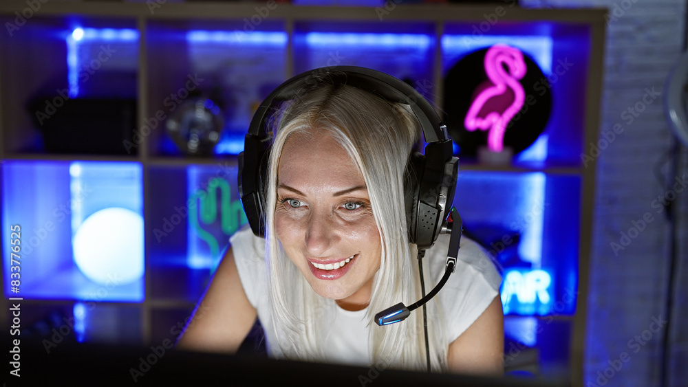 Sticker laughing blonde woman streamer, playing video game, confident in gaming room, streaming night entert