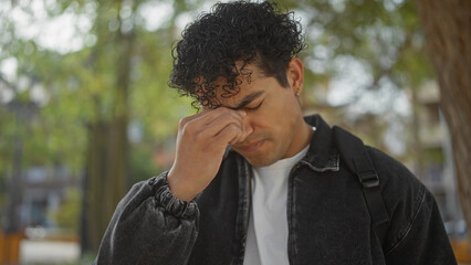 A stressed young hispanic man in casual attire rubbing his eyes in a city park setting.