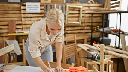 Attractive young blonde woman carpenter takes diligent notes on clipboard during woodwork in bustling carpentry workshop