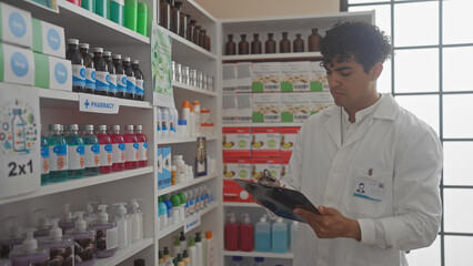 A young hispanic male pharmacist reviews a document indoors in a well-stocked drugstore.