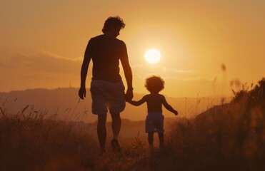 Fototapeta premium Golden Hour Cinematic Silhouette: Father and Son Walking Hand in Hand on the Horizon.