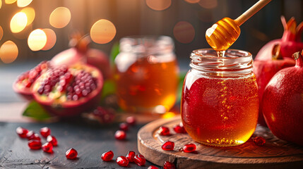 Rosh Hashanah concept, closeup on dripping honey in a honey jar with and pomegranate seeds around...