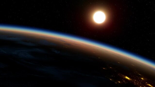 Experience a sunrise over Earth from space, with the Sun shining on the planets curvature