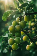 Cluster of Green Plums Hanging From Plum Tree