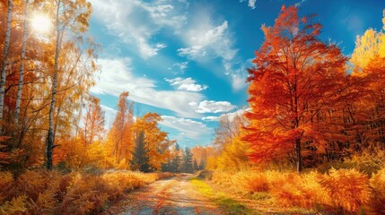 a vibrant autumn forest with a bright blue sky