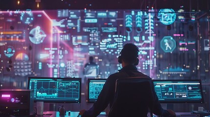 A lone hacker sits before a wall of glowing screens, analyzing data and navigating a complex digital world.