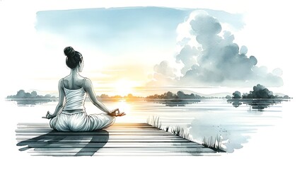 Watercolor illustration suitable for International Yoga Day with a serene scene with a woman in a yoga pose.