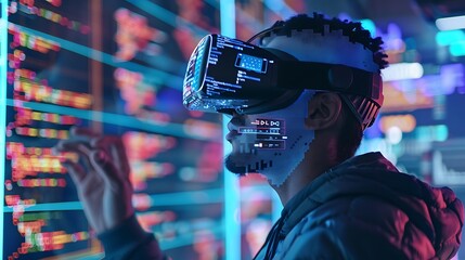 A man wearing VR headset interacts with digital data in a futuristic environment. The image is perfect for representing concepts of technology, innovation, and virtual reality.