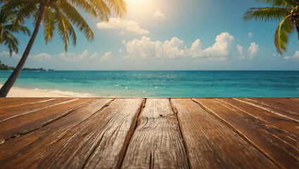 Fototapeta premium Empty wooden board on tropical beach summer background design