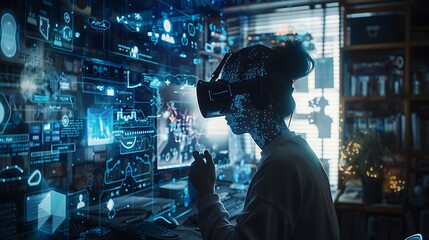 A person wearing a VR headset interacts with a digital interface filled with data and information.  The scene suggests a future of immersive technology and data visualization.