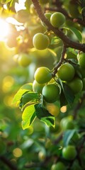 Ripe Green Plums Hanging From Branch In Sunny Orchard