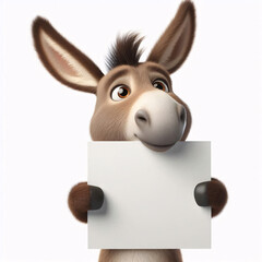 Obraz premium Cute 3d animal holding up an empty white sign, for a personal text mockup, all isolated on a white background