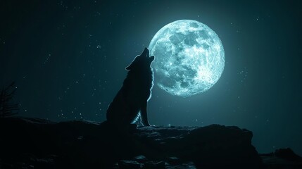 A lone wolf howling at the full moon under a night sky, creating a mysterious and powerful atmosphere. Perfect for nature and wildlife themes.