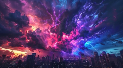 3d render of vibrant color splashes and lightning bolts striking ominous storm clouds over city skyline