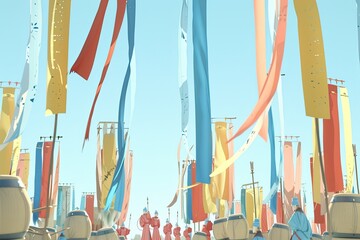 Colorful banners and flags wave in the breeze at a festive outdoor celebration, creating a vibrant and joyous atmosphere under a clear sky.