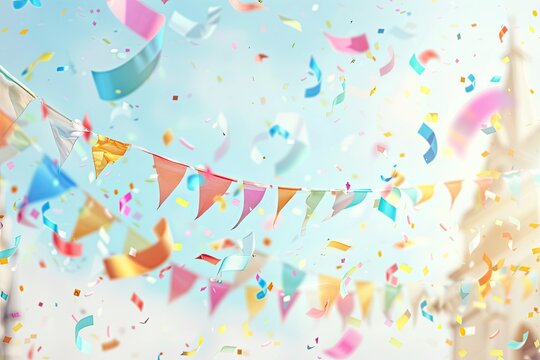 Colorful confetti and pennant flags against a bright sky, perfect for celebrations, festivals, and joyous occasions.
