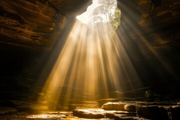 Obraz premium Cave lit by sun rays sunset evening nature exploration travel background rocks cliffs mountains seaside hiking tourist destination adventure spirit geology shiny sunny weather photography wallpaper