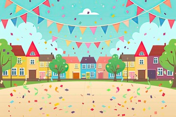 Vibrant festive street with colorful houses, bunting, and confetti, ideal for celebration and event themed designs or backgrounds.
