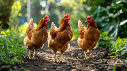 Fototapeta premium On the farm, chickens roam freely in their natural habitat. However, there is a certain disturbing aura in the atmosphere, as in the background there is a symbolic warning about the bird flu virus.