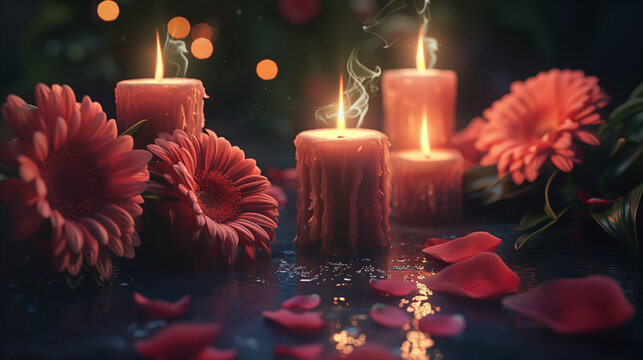 Burning candles surrounded by flowers on a black background, symbolizing the concept of funeral. Candle flames cast warm light on the flowers, creating a touching atmosphere of mourning and farewell.