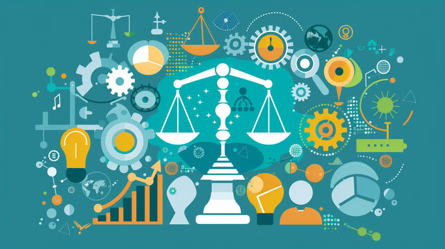 The concept of business ethics and compliance with the rules, where symbols of integrity and morality are visible. In the center is a balanced scale, symbolizing the balance between honesty and profit