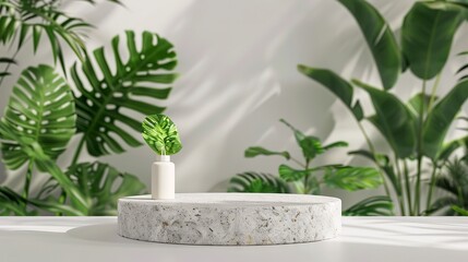 podium stand with tropical leaves background. Empty natural stone pedestal platform to display beauty product. generative ai