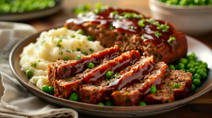 Fototapeta premium Pieces of meat pâté arranged on a plate next to smooth mashed potatoes and light green peas, shown on the plate.