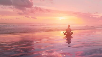 Silhouette of a person meditating on the beach at sunset, with pink clouds and calm water.