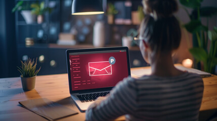 A spam email warning appears on the laptop screen, which is an alert for a phishing attempt. A conceptual cybersecurity warning occurs when a woman works from home.