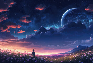 Fototapeta premium Generative AI, Beautiful Cinematic scenery of a of night beauty flower fields with beauty sky, beautiful meteor shower, cool niji anime landscape, Stunning views of Niji Anime flowers in blooms