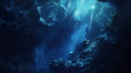 Obraz premium Two divers explore a dark underwater cave illuminated by a bright blue light.