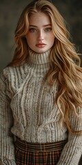 European Woman With Blonde Hair and Green Eyes Wearing a Sweater and Plaid Skirt