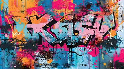 Colorful graffiti style painting on old wall. The painting is full of bright colors and splashes of paint, giving it a lively and energetic impression