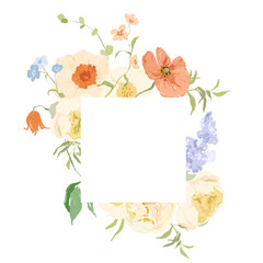 Fototapeta premium Watercolor abstract flower frame of narcissus, poppy, lilac and tulip. Hand drawn border of wildflowers isolated on white background. Holiday Illustration for design, print, fabric or background.