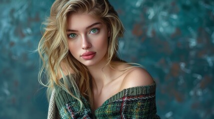 Naklejka premium European Girl With Long Blonde Hair and Green Eyes Wearing Sweater and Plaid Skirt