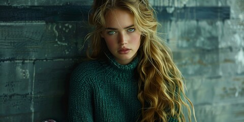 Fototapeta premium European Woman With Blonde Hair and Green Eyes Wearing a Green Sweater