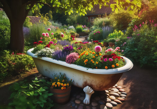Eine alte Badewanne im Garten , gef&uuml;llt mit bl&uuml;henden Blumen 
