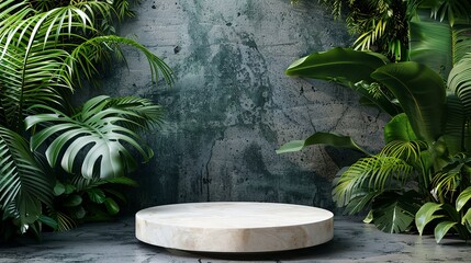 podium stand with tropical leaves background. Empty natural stone pedestal platform to display beauty product. generative ai