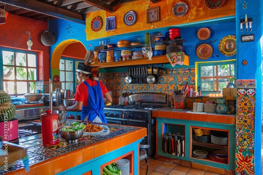 Wall mural a colorful mexican kitchen with a cook making generated by ai