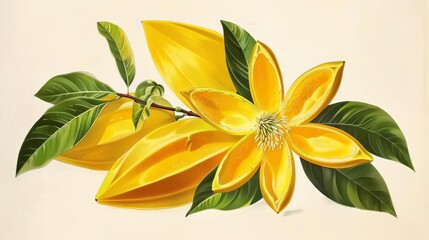 antique botanical illustration of whole and sliced starfruit carambola isolated on white background vintage tropical fruit print